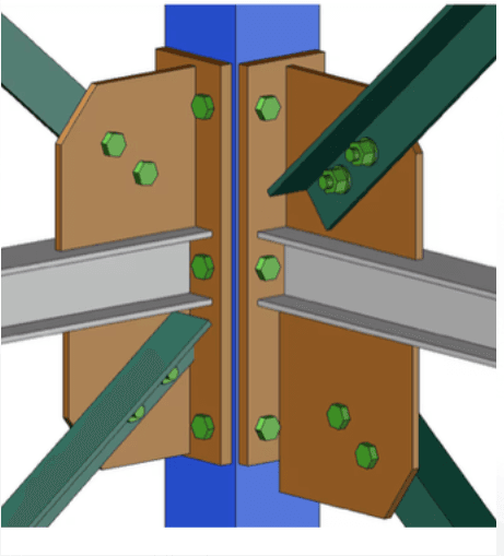 Modelo 3D de conexión apernada con planchas de refuerzo y perfiles de acero