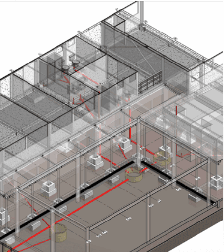 Modelo BIM coordinado de estructura e instalaciones sanitarias, eléctricas y mecánicas